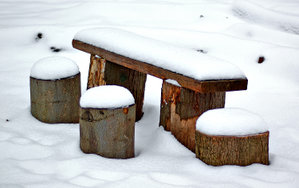 Snow covered park bench