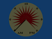 Top view of an equatorial sundial.  The hour lines are spaced equally about the circle, and the shadow of the gnomon (a thin cylindrical rod) rotates uniformly.  The height of the gnomon is 5/12 the outer radius of the dial.  This animation depicts the motion of the shadow from 3 a.m. to 9 p.m. on mid-summer's day, when the sun is at its highest declination (roughly 23.5Â°).  Sunset and sunrise occur at 3am and 9pm, respectively, on that day at geographical latitudes near 57.5Â°, roughly the latitude of Aberdeen or Gothenburg.