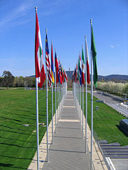 Many flags are displayed in the Parliamentary Triangle, Canberra, Australia