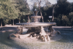 Three traditional fountain features: a low jet, a pair of raised basins, and sculpture with a water theme, here hippocamps (Villa Borghese, Rome)