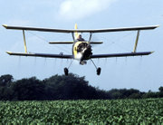 A crop duster applies low-insecticide bait that is targeted against Western corn rootworms