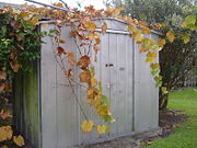 A metal garden shed made with sheets of galvanized steel over a steel frame
